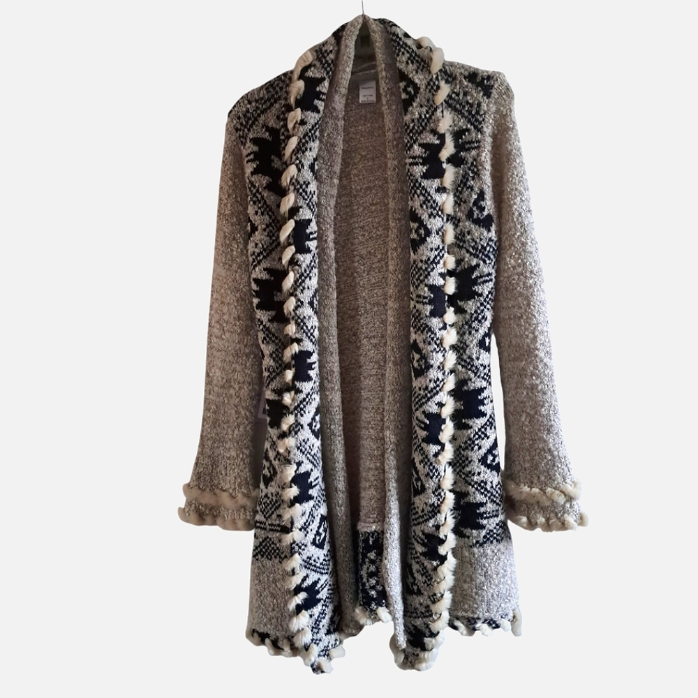 K. Jordan open cardigan duster coat sweater tribal vibe size S black/oatmeal